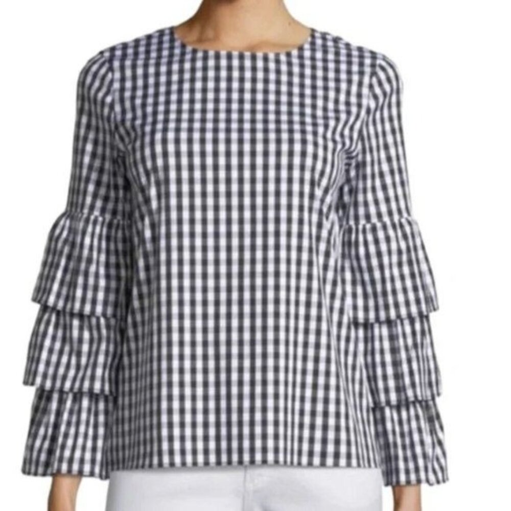 Lafayette 148 Maple Buffalo Plaid Ruffle Tiered Long Sleeve Blouse Size Medium